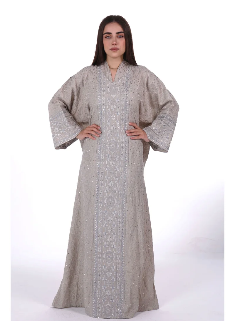Embroidered Linen Jalabiya dress with unvisible belt